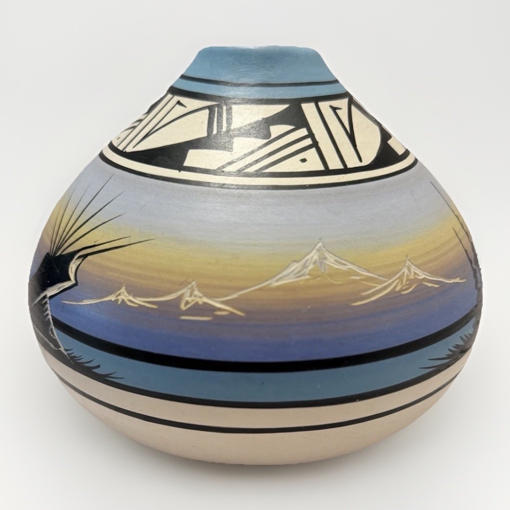 Signed Navajo Hand Painted Pottery Vase Southwestern Mountain Blue Earthy VTG